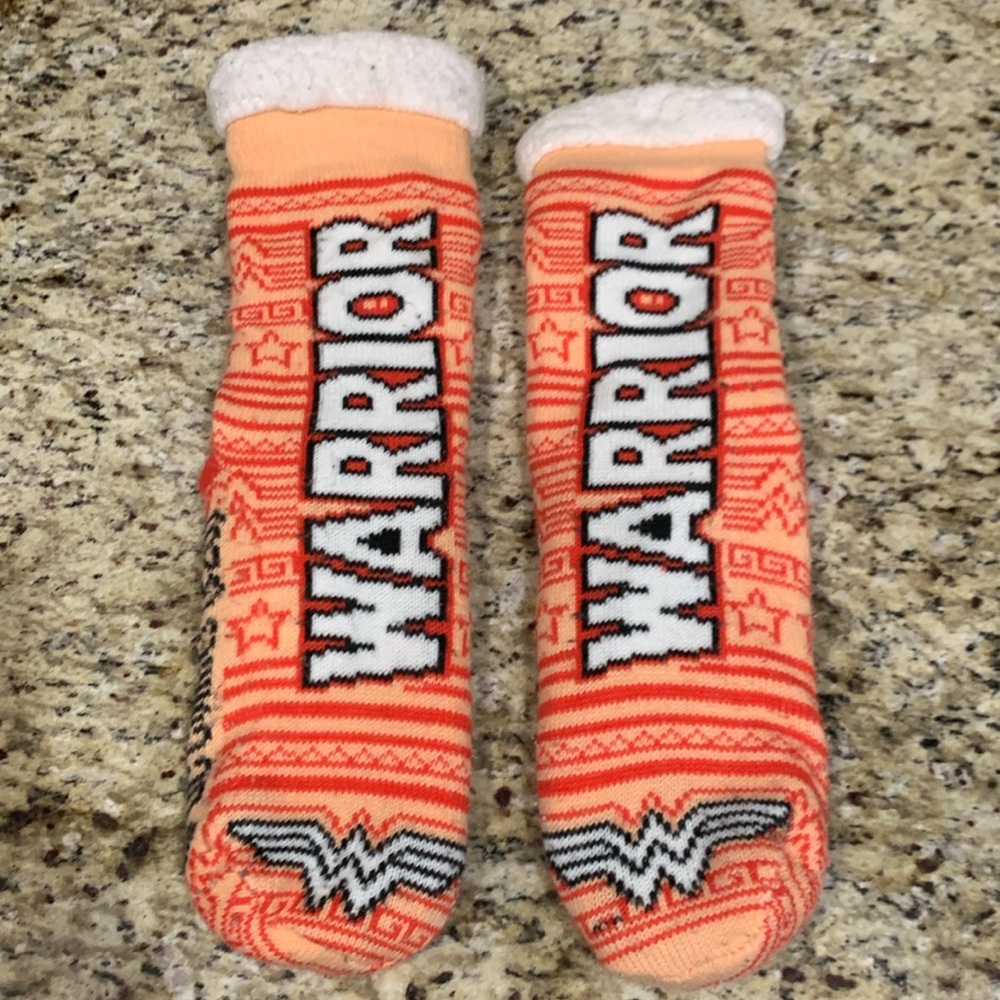 Wonder Woman Peach and Red Warrior Sherpa Lined Grip Bottom Socks
